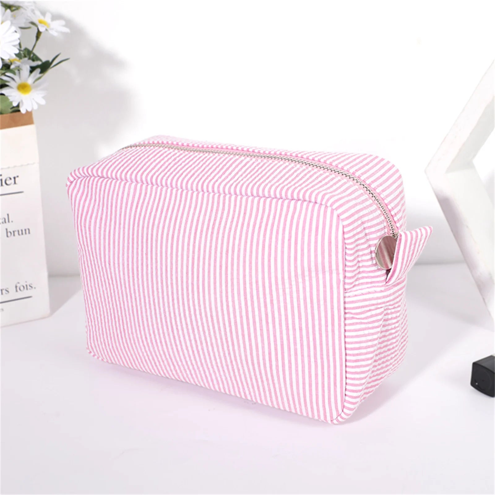 Seersucker Cosmetic Bag For Women Storage Makeup Bags Embroidery Toiletry Bag Bridesmaid Gift