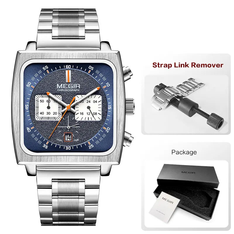MEGIR Sport Quartz Watch Men Silver Blue Chronograph Dress Wristwatch with Stainless Steel Band Auto Date Luminous Hands 24-hour
