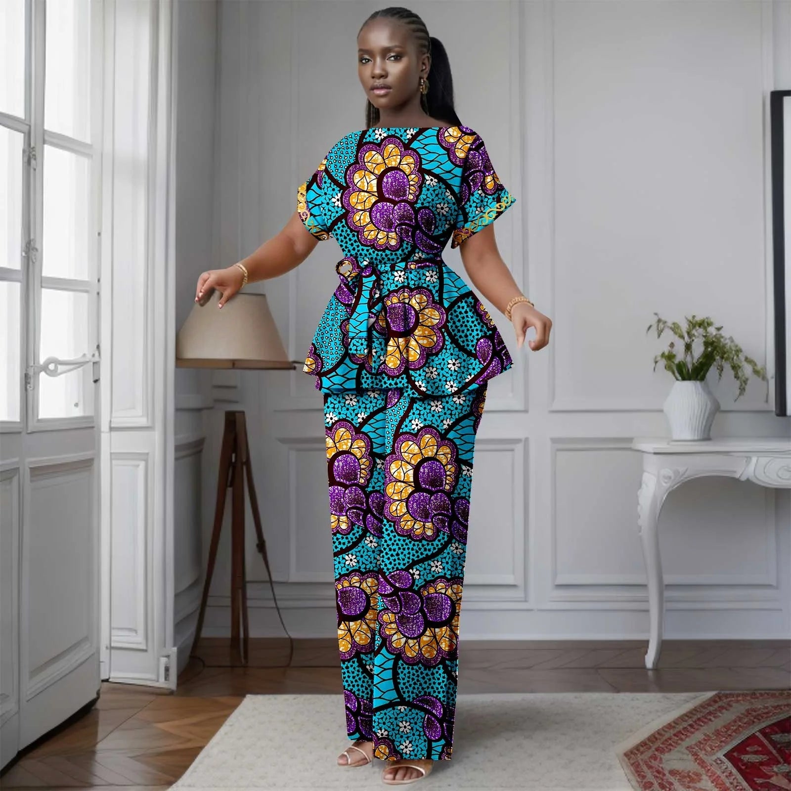 African Women's Printed Ankara Slash Neck Short Sleeve Top Mid-Calf Pants two-piece Set Dashiki Casual Party