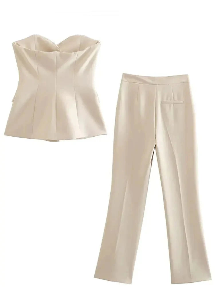 HH 2024 Women Solid Tube Top Pant Suit Sleeveless Off Shoulder Single Breasted Tube Top+All-match Straight Trousers Set TRAF