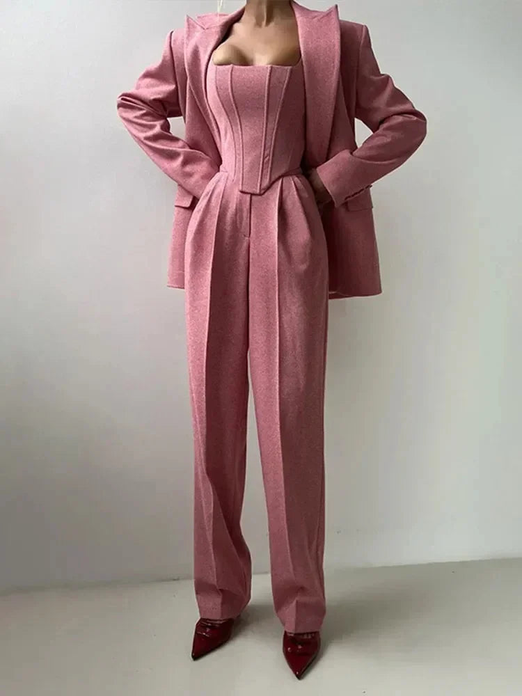 Temperament Fishbone Top Blazer Pants Sets 3 Pieces For Women Solid Jacket Crop Tops High Waist Pocket Pant Lady Office Set 2025