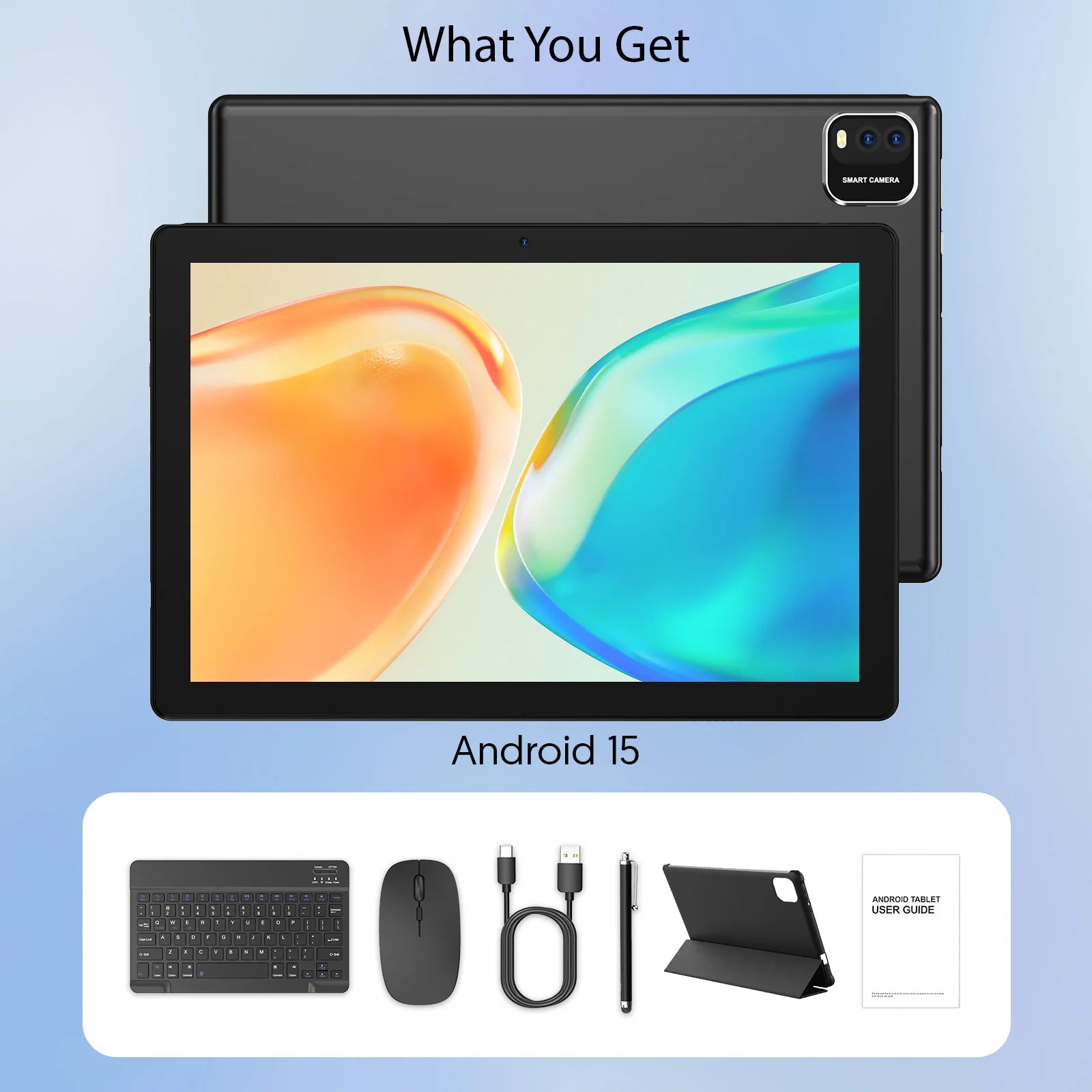 BAKEN Android 15 tablet, 10-inch, 12 (3+9)GB RAM + 64GB ROM, quad-core, 6000mAh battery, includes a free protective case