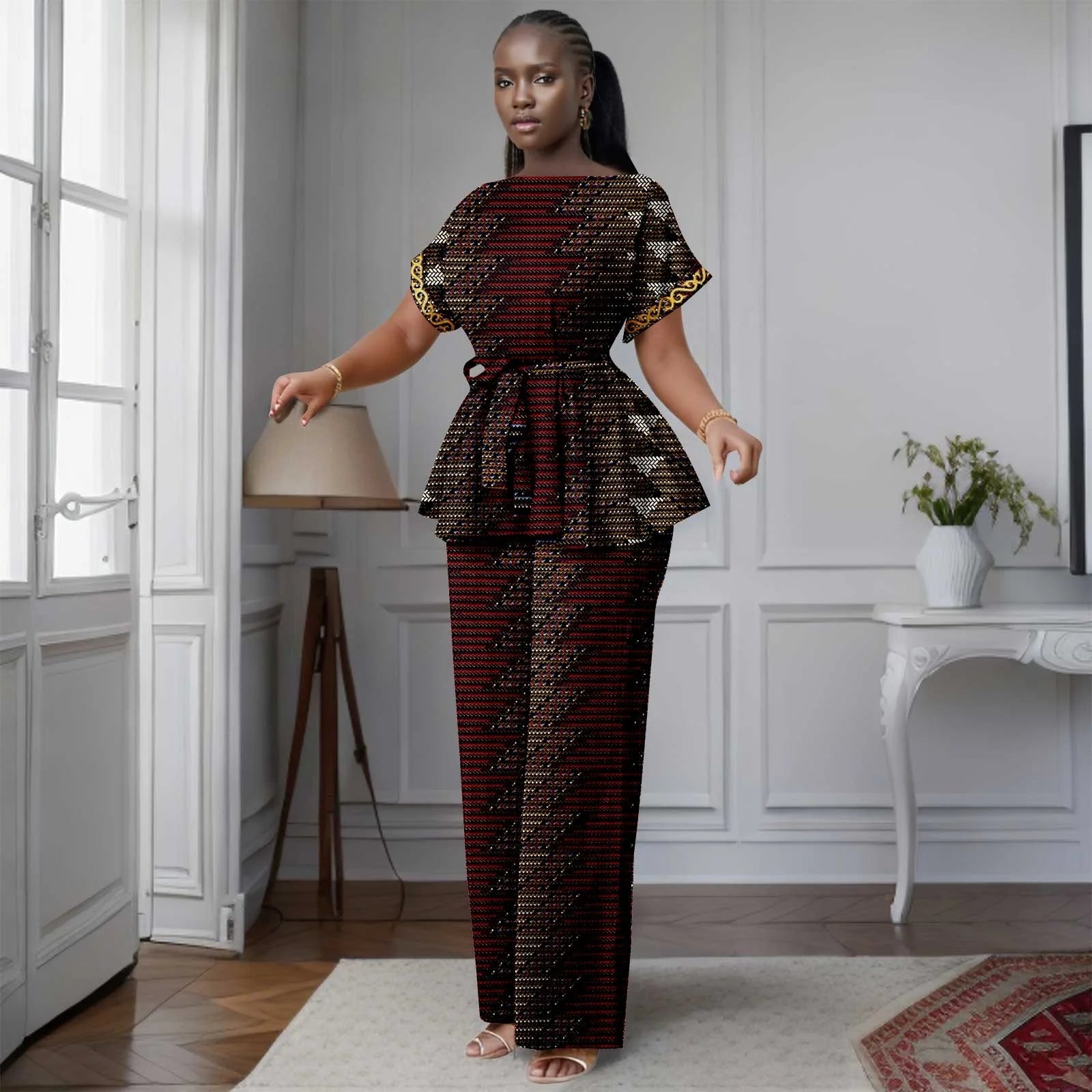 African Women's Printed Ankara Slash Neck Short Sleeve Top Mid-Calf Pants two-piece Set Dashiki Casual Party