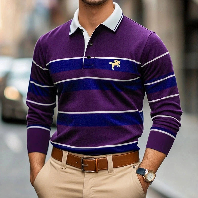 Simple Fashion Striped Polo Shirts For Men Trendy Autumn Long Sleeve Lapel Button Golf Polo Shirt Casual Oversized Tees Tops