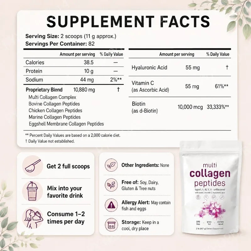 Multi Collagen Peptides with Biotin Vitamin C Hyaluronic Acid Supports Skin Hair Nails Unflavored  Types I II III V X  2Lb  907g