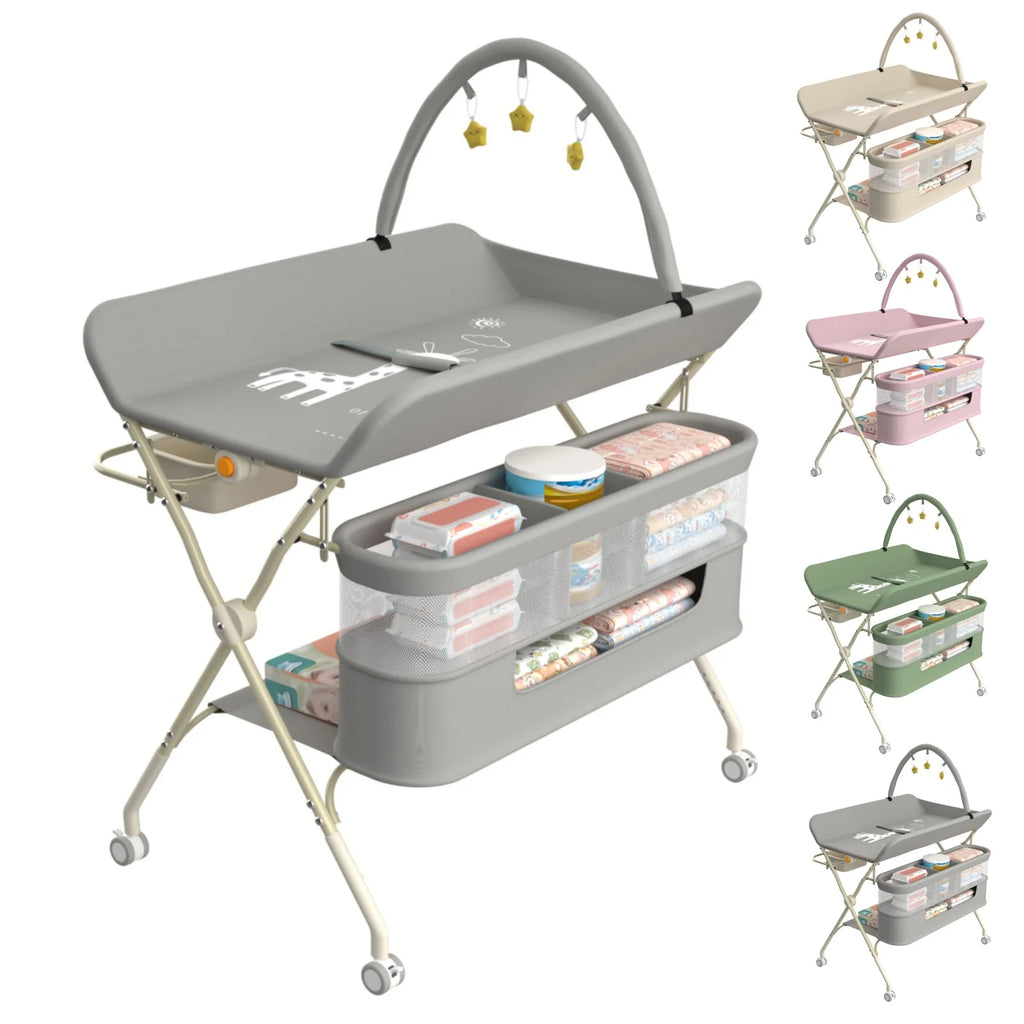4 in 1 Folding Changing Table, Mobile Changing Unit, Height-adjustable Changing Station With Toy Arch & Storage Basket