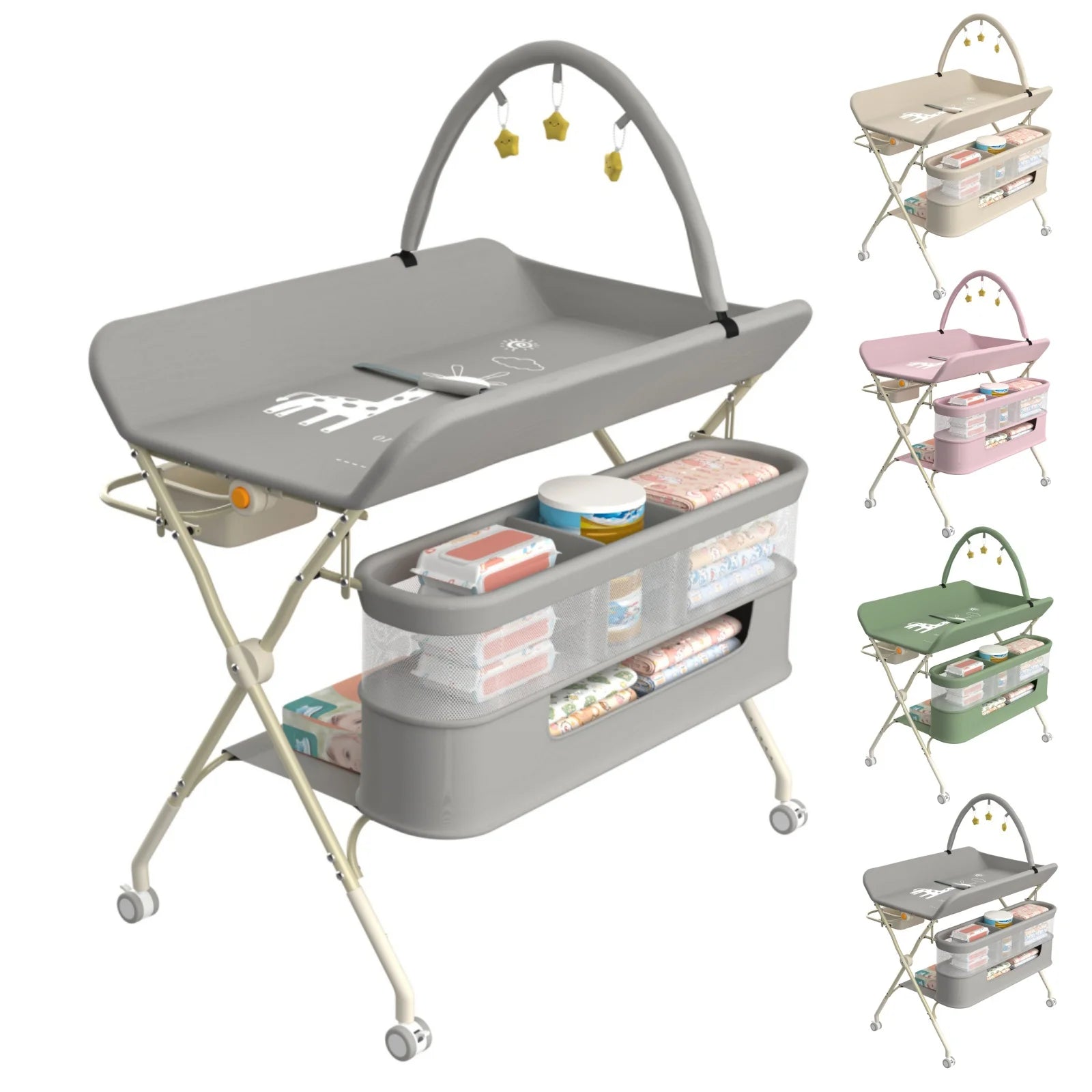 4 in 1 Folding Changing Table, Mobile Changing Unit, Height-adjustable Changing Station With Toy Arch & Storage Basket