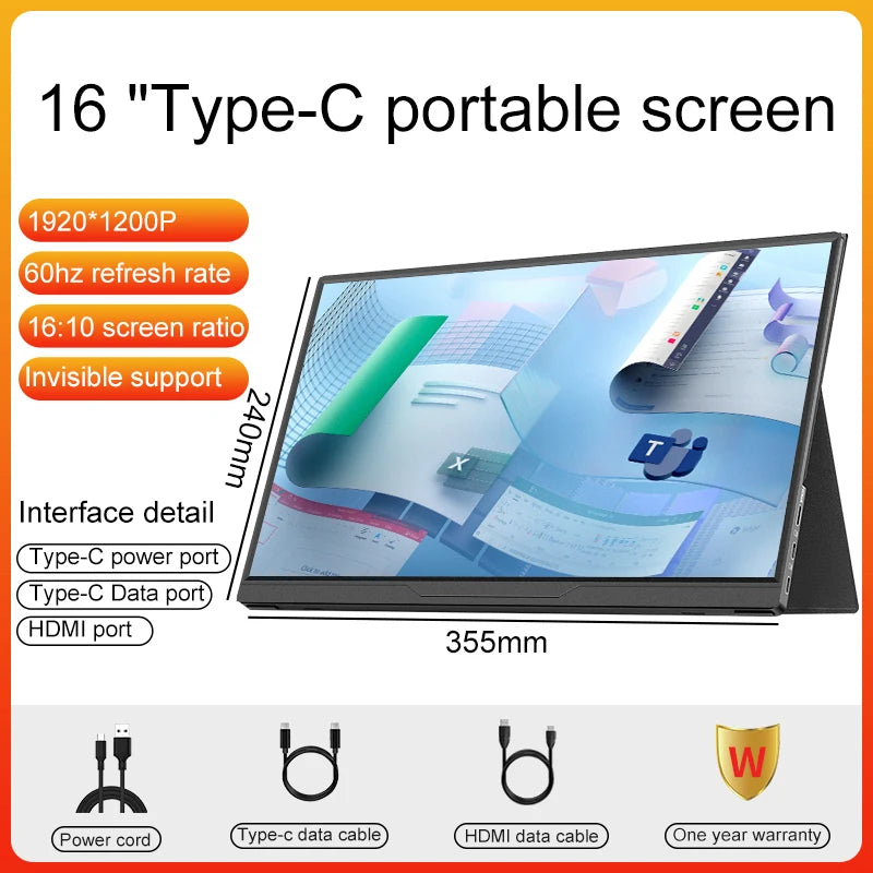 LANLIPU 14/16inch Portable Monitor  1920*1200Ultra-thin Gaming Laptop Display with Type C Mini HDMI For PS/Steam/Deck/Switch/PC