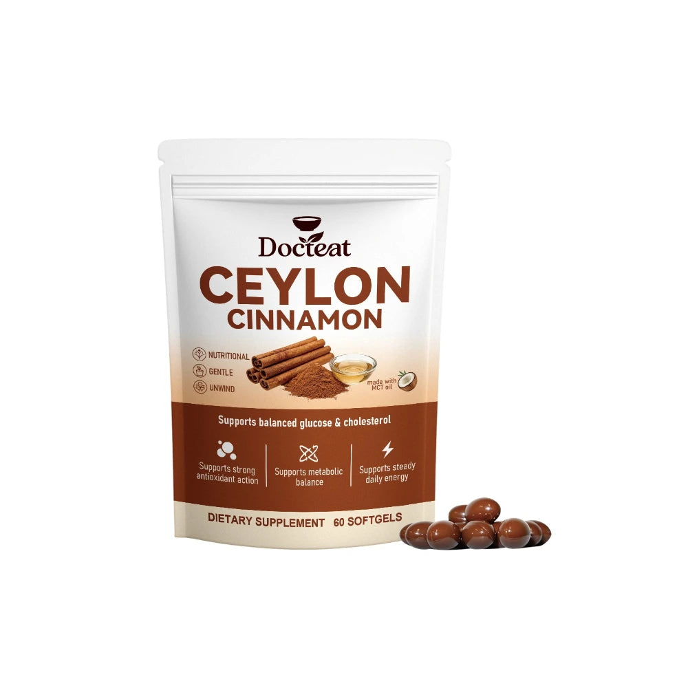 Docteat Energy Support Softgels Ceylon Cinnamon Antioxidant Action and Metabolic Balance 60 CT for Adults Daily Vitality