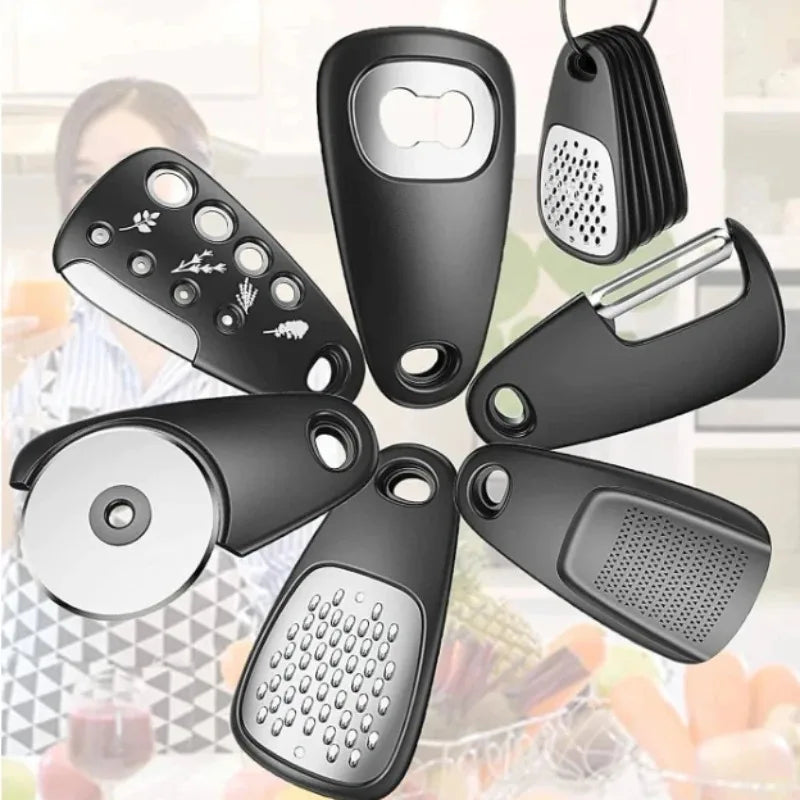 6pcs Kitchen Gadgets Set Cheese Bottle Opener Vegetable Peeler Pizza Cutter Garlic Grinder Herb Stripper Camp Cooking Supplies