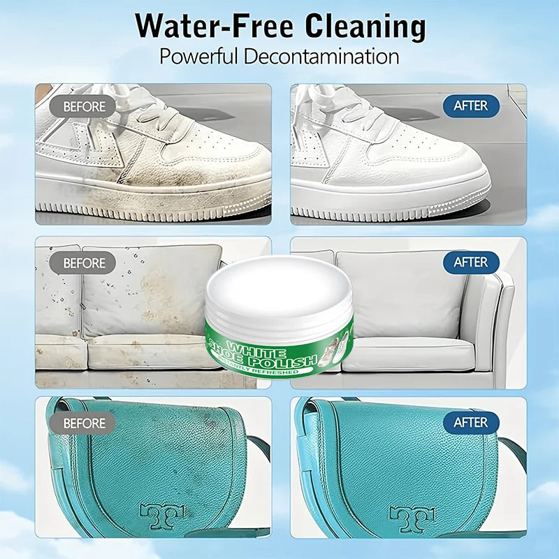 High-quality white shoe cleaner, a whitening and stain remover for synthetic leather, car interiors, and genuine/faux leather so