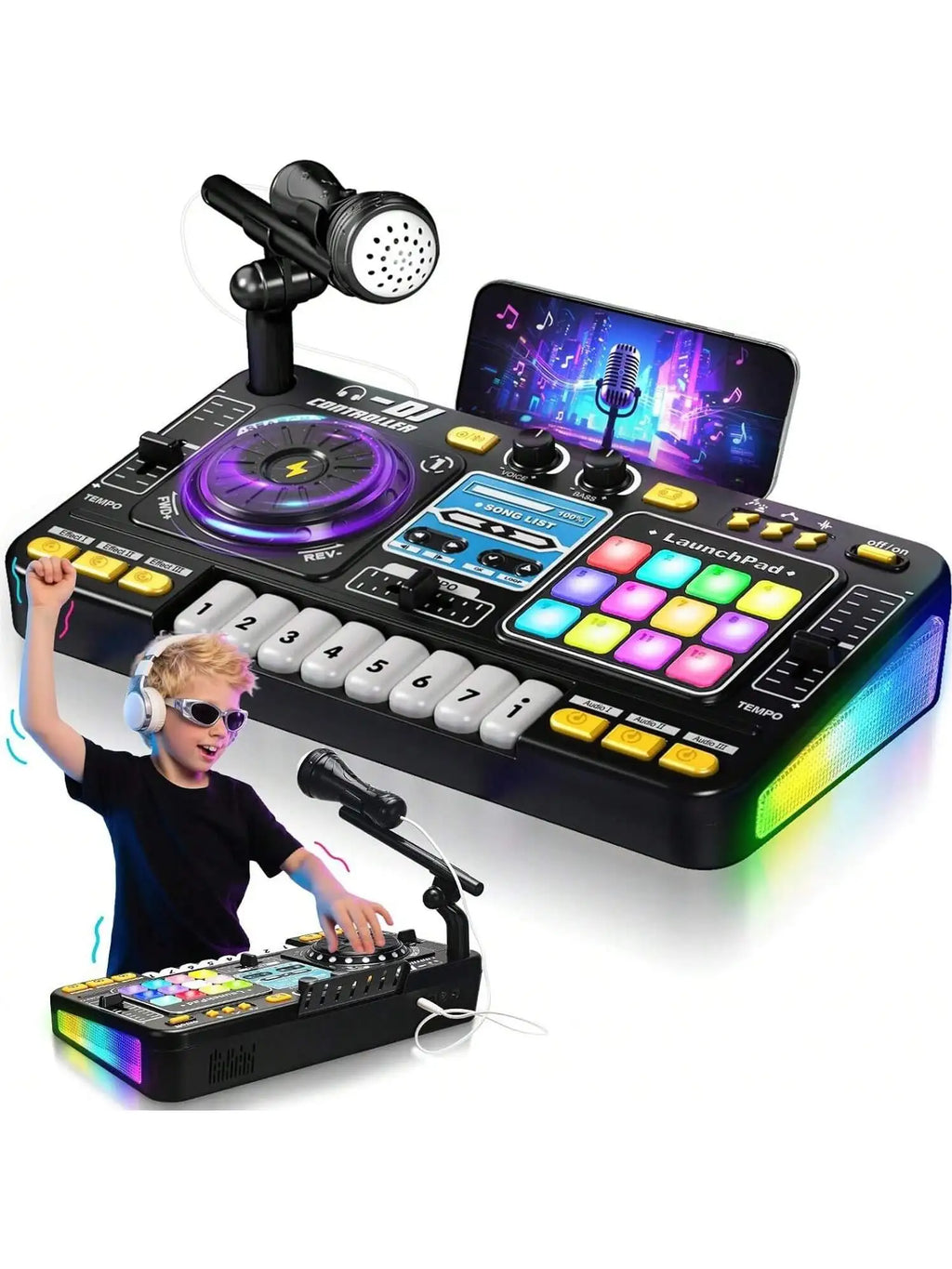 DJ Mixer for Kids, Toddler DJ Mixing Table with DJ Turntable, Game Mode, Light & Speed Control and Microphone, Gifts for 3 4 5 6