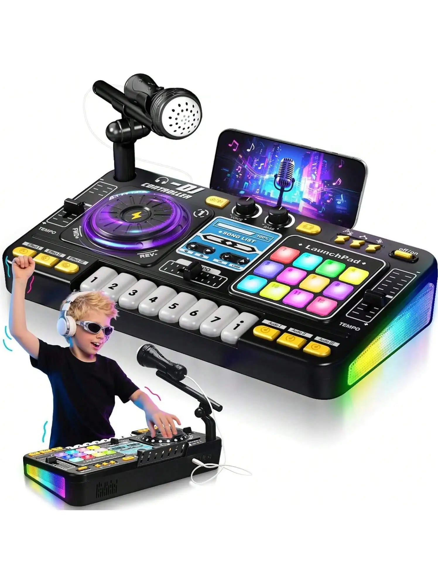 DJ Mixer for Kids, Toddler DJ Mixing Table with DJ Turntable, Game Mode, Light & Speed Control and Microphone, Gifts for 3 4 5 6