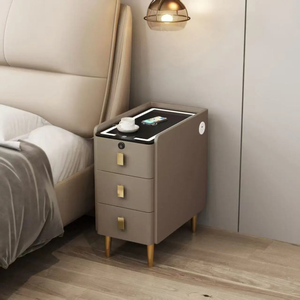 Nordic Style Intelligent Solid Wood Bedside Table Faux Leather 3 Drawers Nightstands with Wireless Charging Side Storage Cabinet