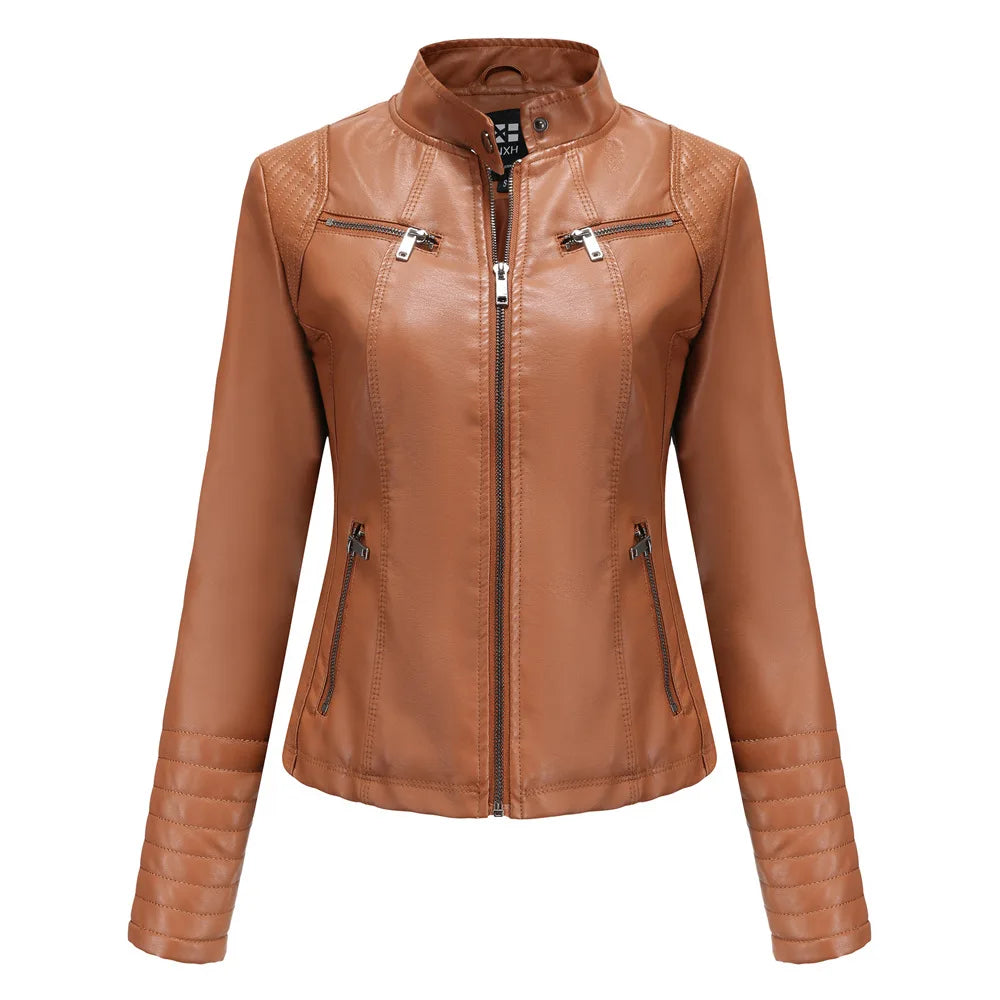 Faux Leather Motorcycle Jacket for Women, Female Coat, Moto Biker, Purple, Black,  Autumn, Spring, Fashion