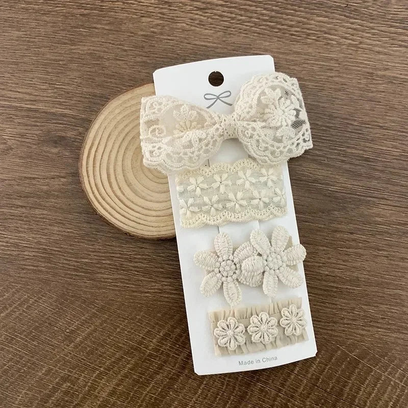 4Pcs Kids Fabric Lace Flower Barrettes Baby Princess Hair Accessories Newborn White Hairpins Bow Hairclips Girls Birthday Gifts