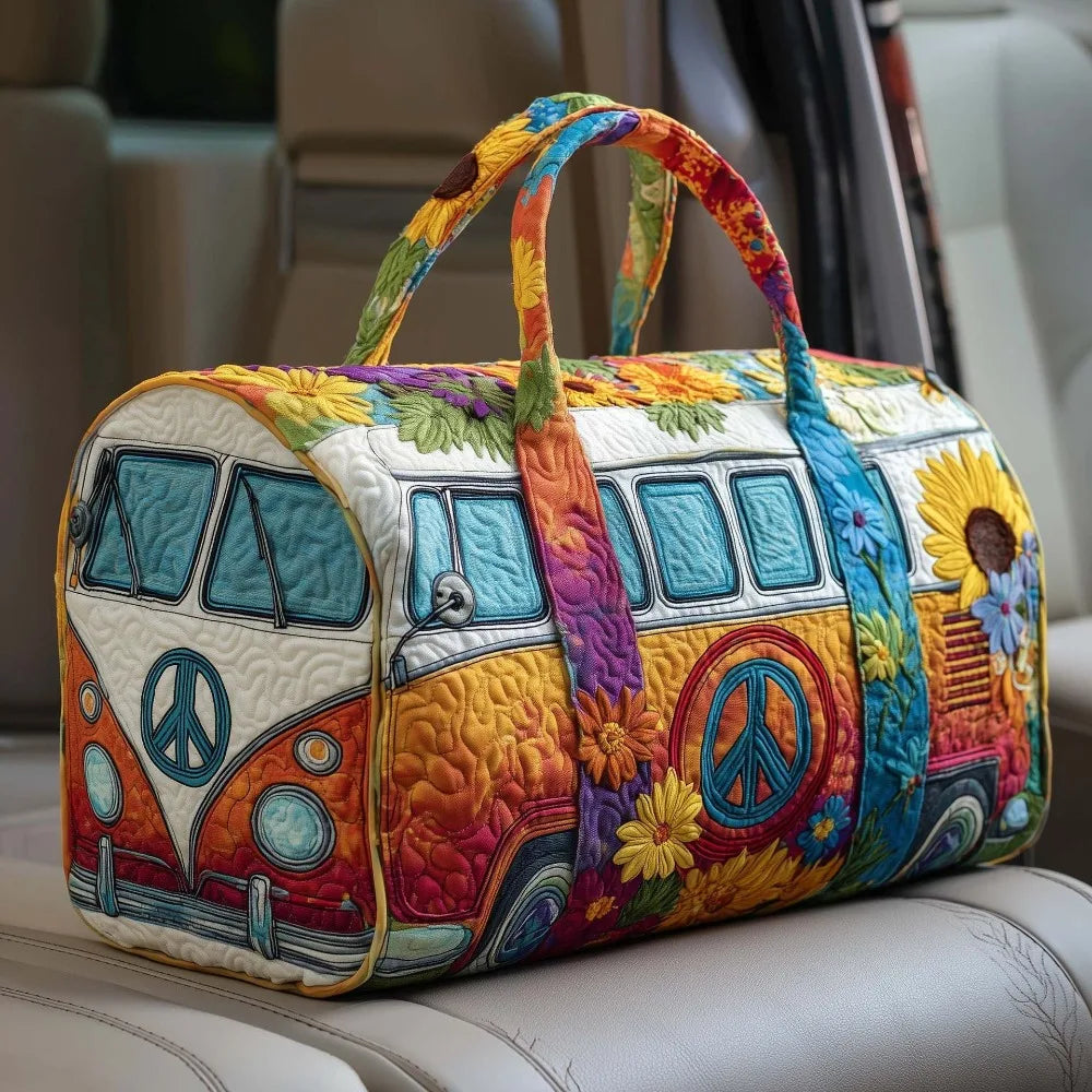 Trendy 3D Quilted Duffle Bag Bus Design Large Capacity Travel Handbag Retro Boho Multifunctional Gym Tote Bag Daily Outings