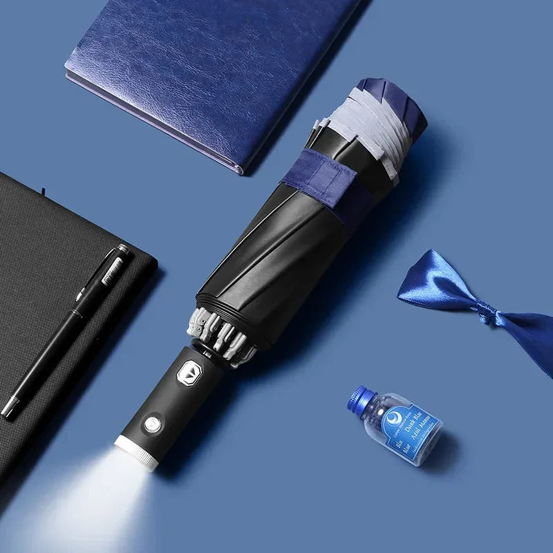 Fully automatic folding waterproof umbrella with LED flashlight and UV protection, wind and rainproof