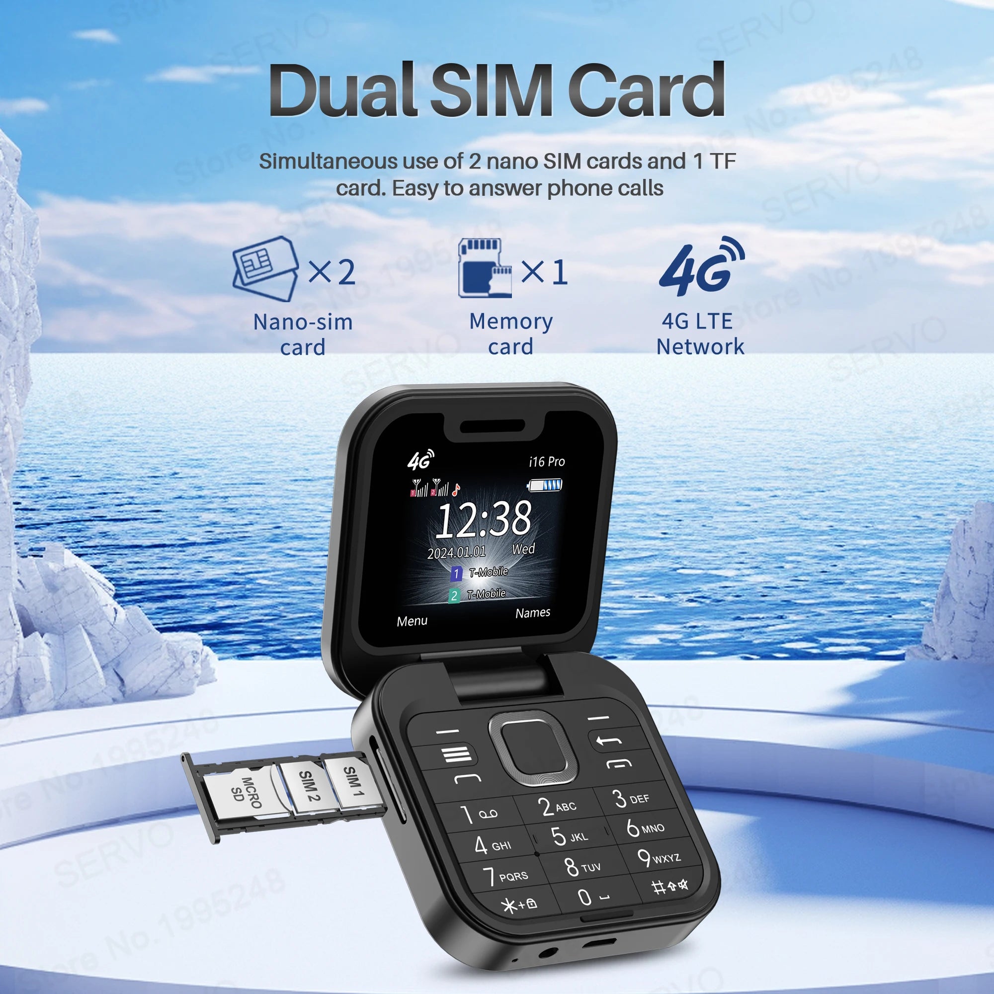 SERVO i16 Pro 4G LTE Mini Flip Mobile Phone Dual SIM Standby Call Recording Speed Dial FM Radio Blacklist Small Fold Cellphones