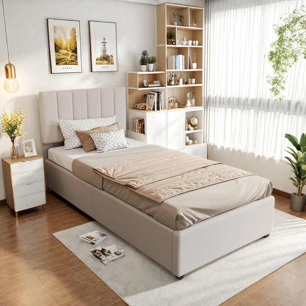 Rosahqnda children's bed 90x200 cm, upholstered bed, for boys and girls, single bed, hydraulic storage bed, linen,No Mattress