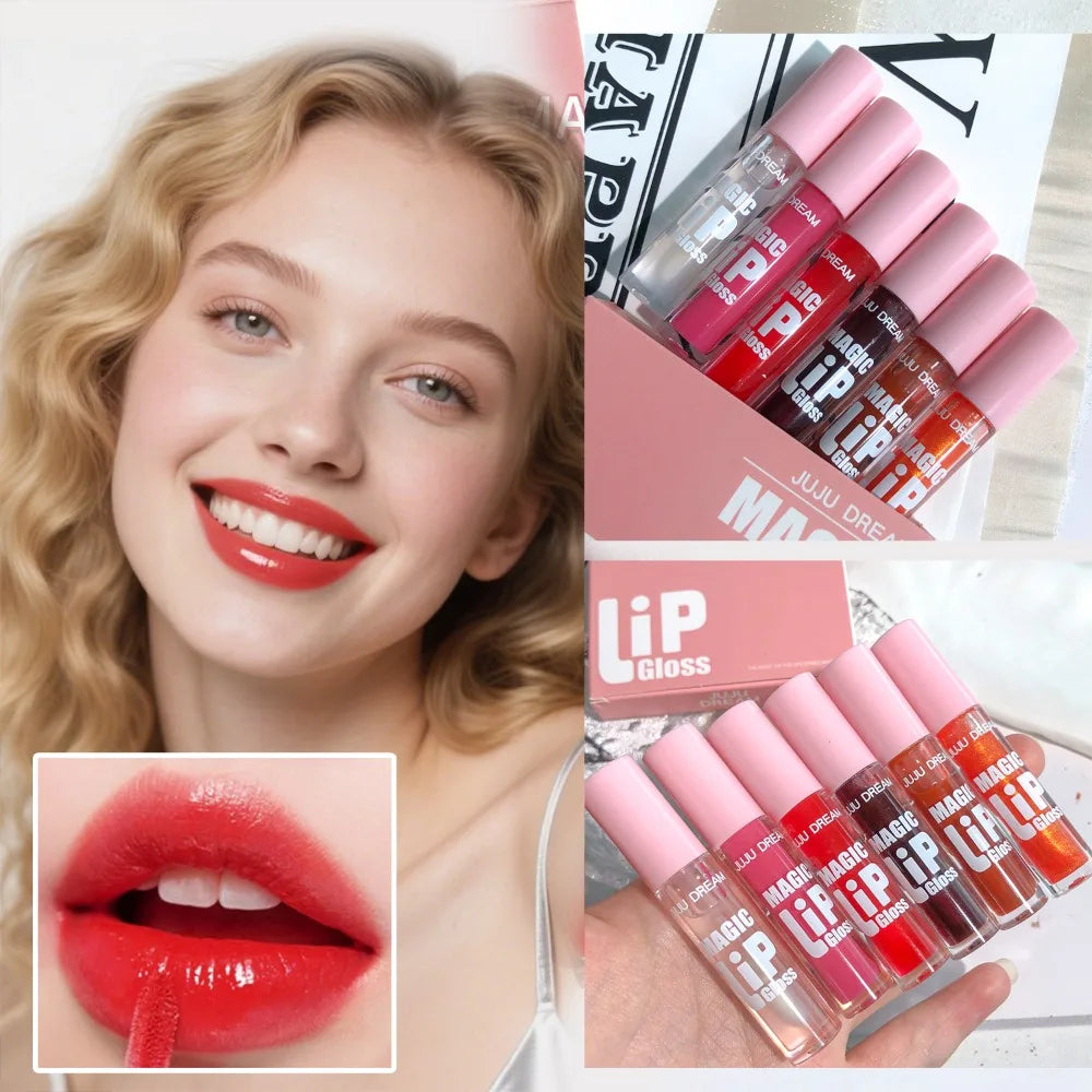6 pcs Sparkling Lip Gloss Set Non-Stick Non-Fading Moisturizing Shiny Gift for Women