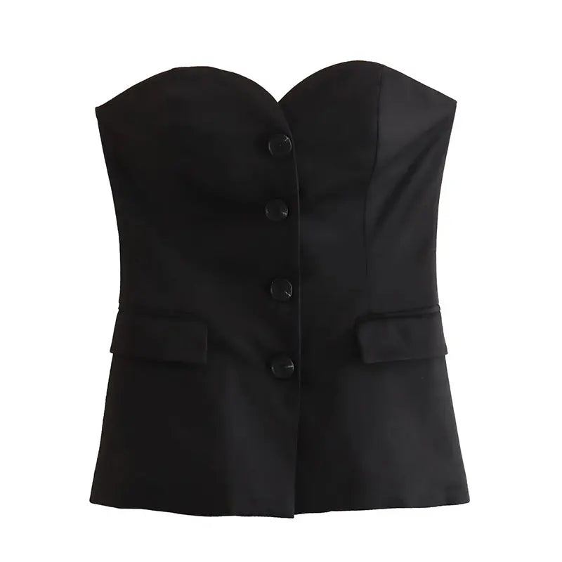 HH 2024 Women Solid Tube Top Pant Suit Sleeveless Off Shoulder Single Breasted Tube Top+All-match Straight Trousers Set TRAF