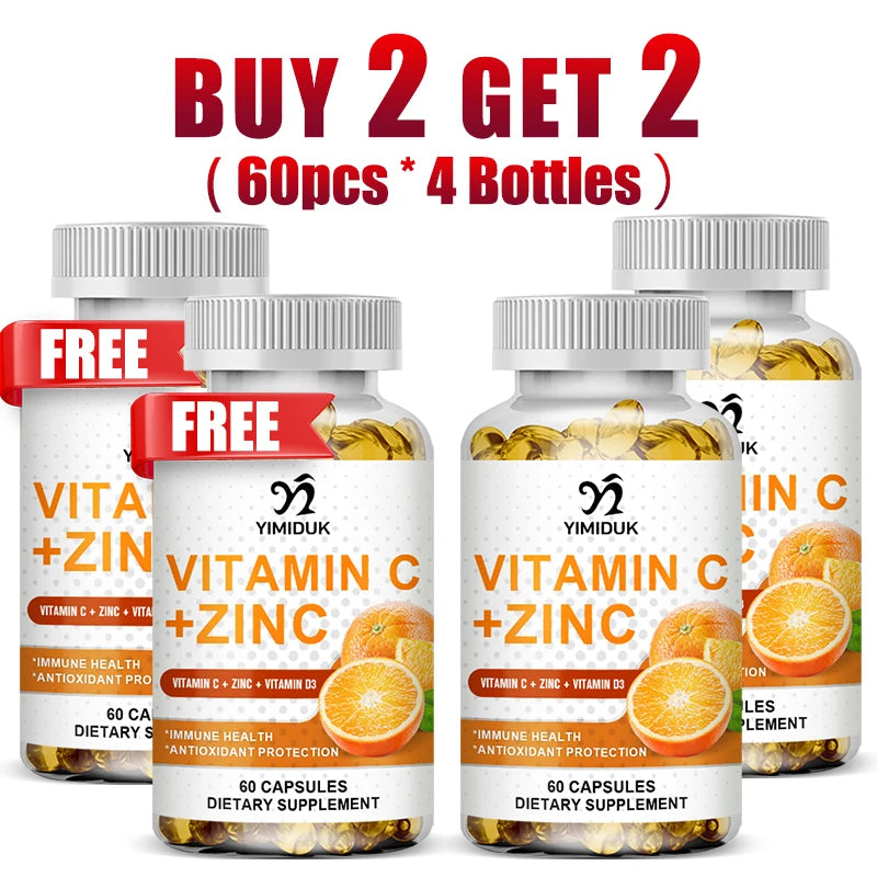 Buy 2 Get 2 Free! Vitamin C & Zinc Capsules, Support Synergistic Immune, Antioxidant & Skin Health Booster, Energy, Metabolism