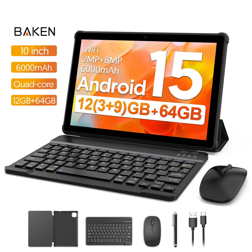 BAKEN Android 15 tablet, 10-inch, 12 (3+9)GB RAM + 64GB ROM, quad-core, 6000mAh battery, includes a free protective case
