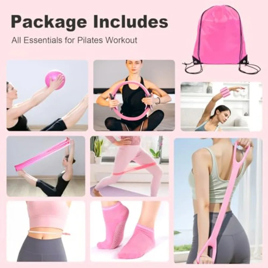Home Pilates Kit 14 PCS Pilates Ring and Ball Set with Adjustable Ankle Wrist Weights and Resistance Bands for Women Workout Se