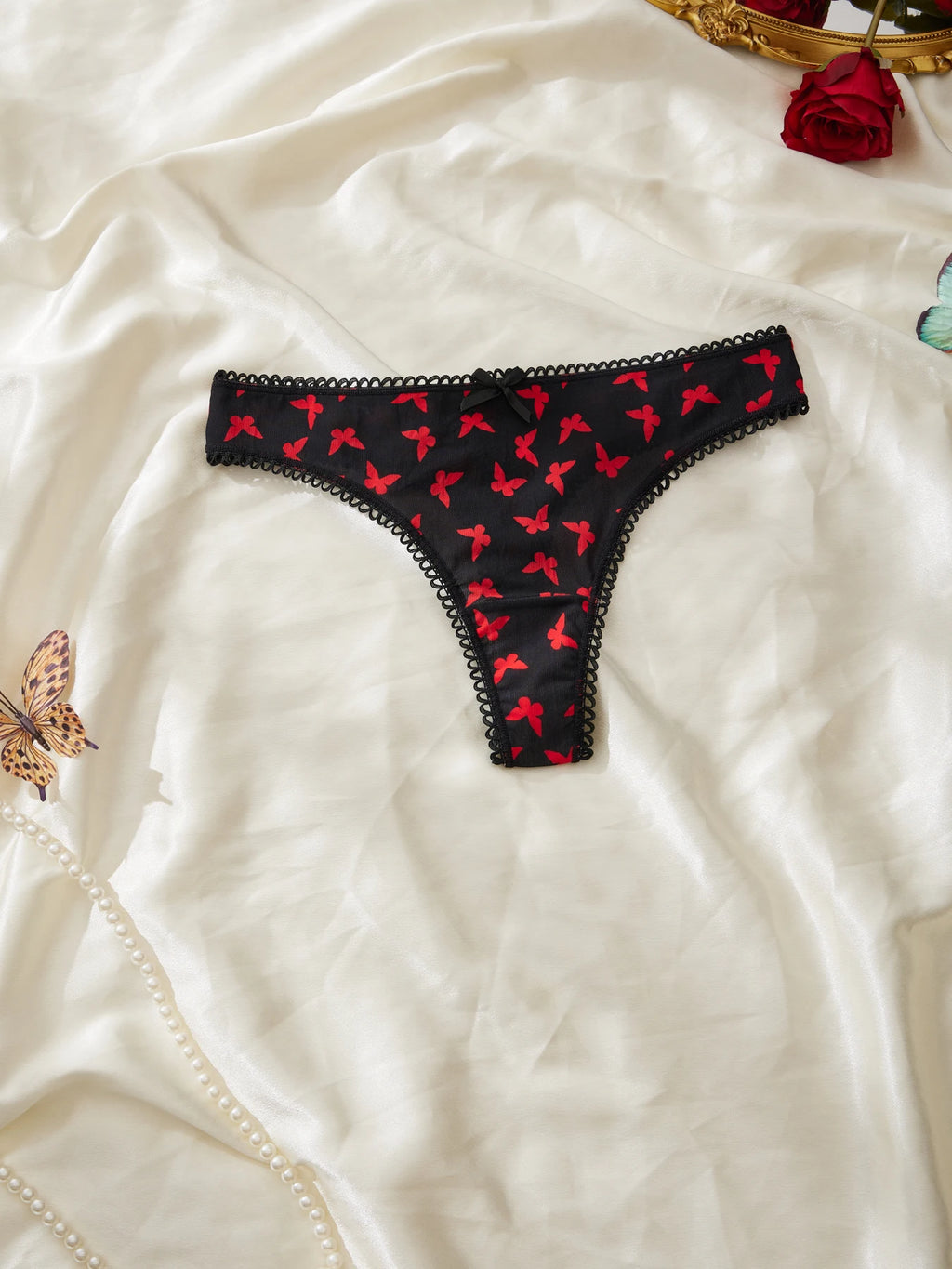 FARDLY 5PCS Valentine's Day Gift Sexy Red Printed Women's Thong Lace Underwear Comfortable Breathable Seamless Panties