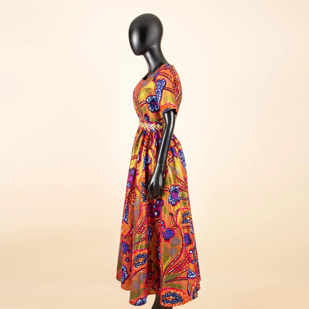 Afripride African Women's Dresses Ankara Batik Short Sleeve Gold Stamped Belt Accessory Dress 2425127