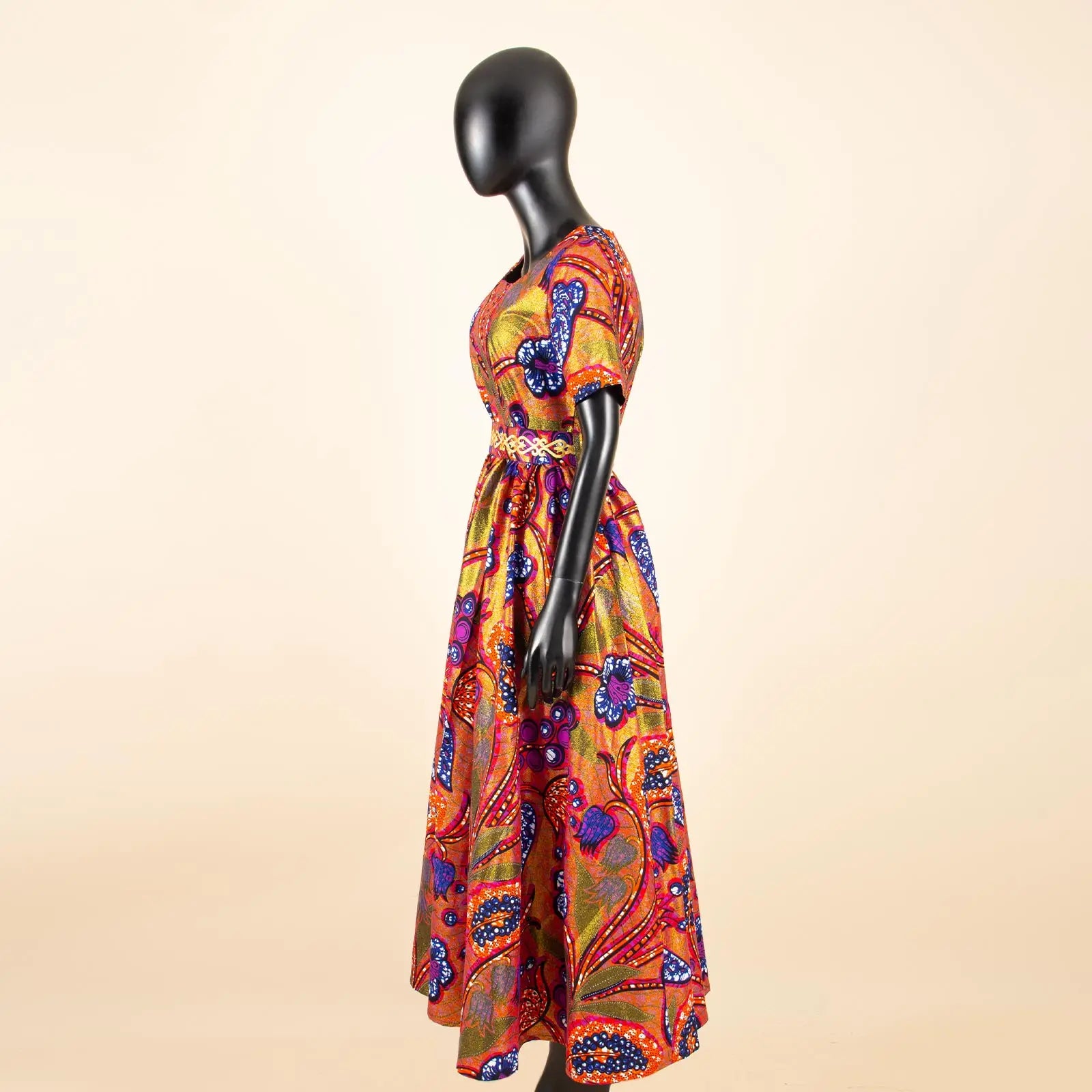 Afripride African Women's Dresses Ankara Batik Short Sleeve Gold Stamped Belt Accessory Dress 2425127