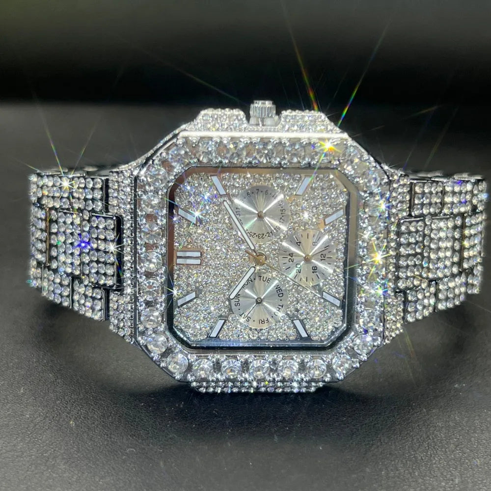 MISSFOX Luxury Diamond Quartz Watch for Men Square Dial Calendar Hip Hop lced Out GoldWristwatch Mens Fashion Accessory 2025