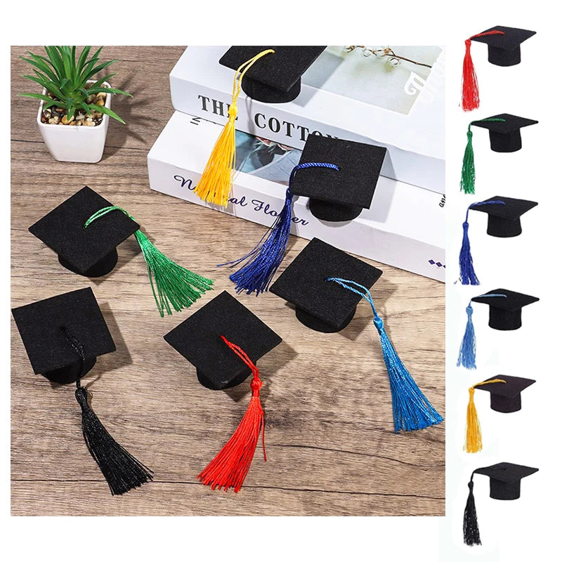 10PCS Mini Graduation Hat Doctoral Cap Costume Top Hat With Tassels DIY Plush Doll Decor Wine Bottle Decoration