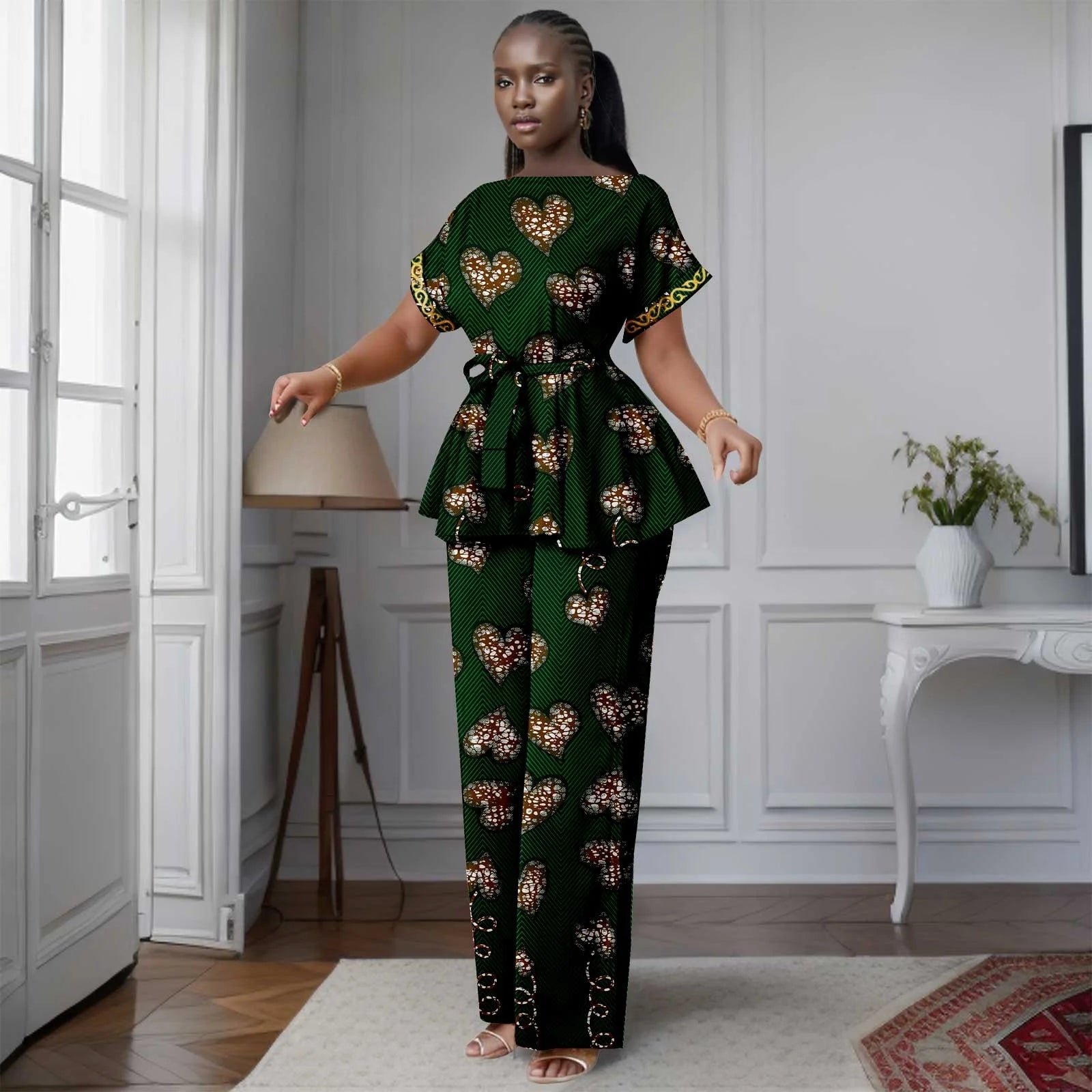 African Women's Printed Ankara Slash Neck Short Sleeve Top Mid-Calf Pants two-piece Set Dashiki Casual Party