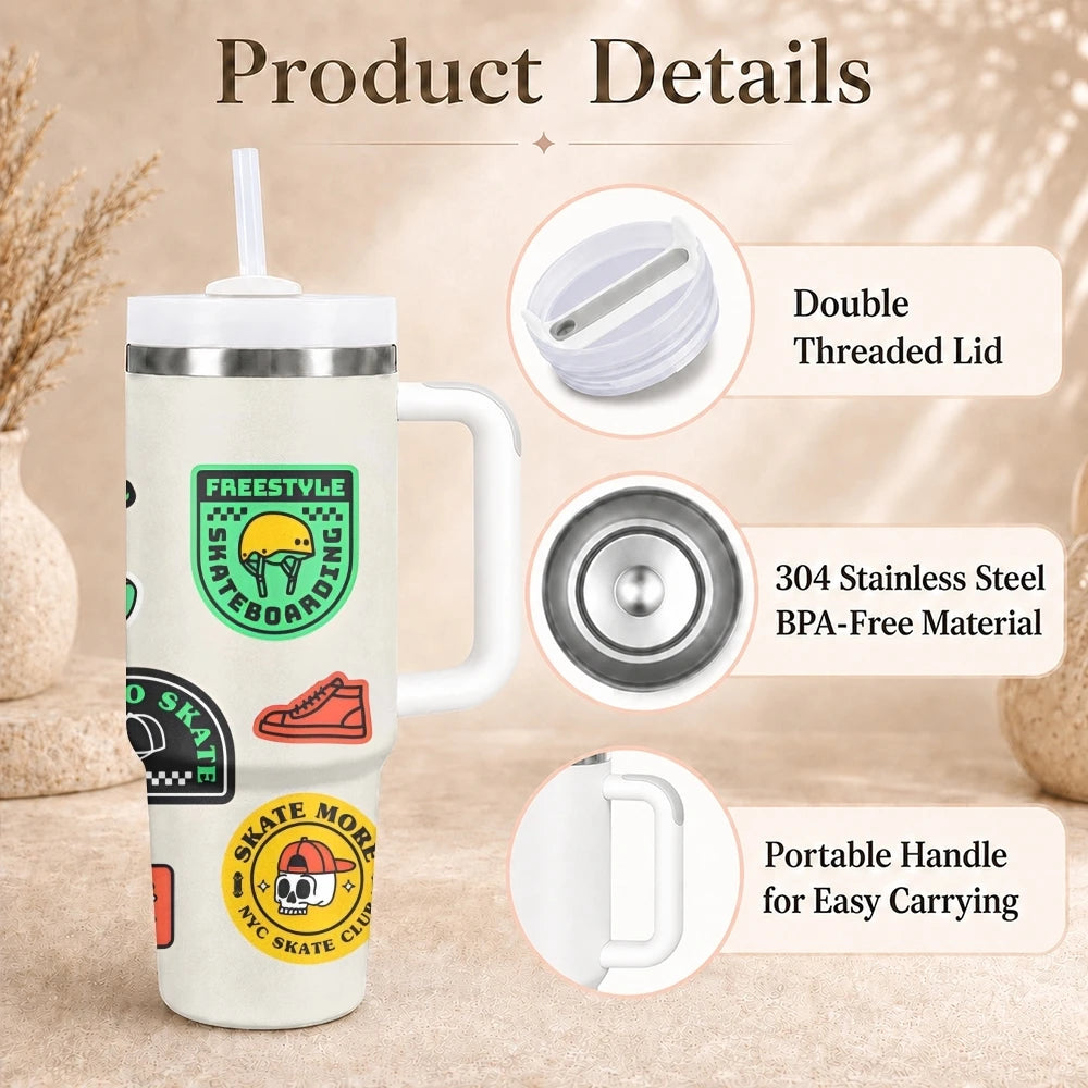 skateboard badges Vacuum Flasks 40oz Stainless Steel Insulated Tumbler with Handle Straw Leakproof Cup Daily Travel Mug