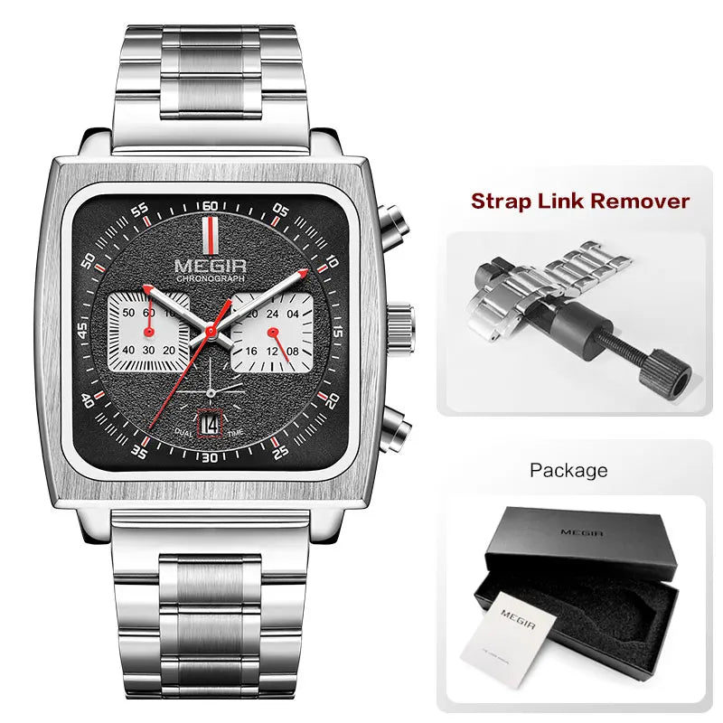 MEGIR Sport Quartz Watch Men Silver Blue Chronograph Dress Wristwatch with Stainless Steel Band Auto Date Luminous Hands 24-hour