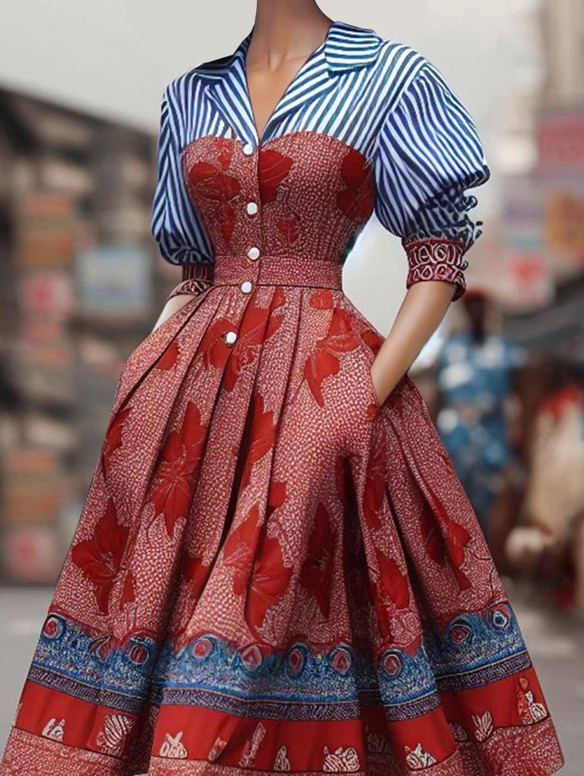 Elegant Women's Dress Striped Floral Patchwork Turndown Collar Shirt Mid-Length Waisted Evening Party Dress Women's Midi Dress