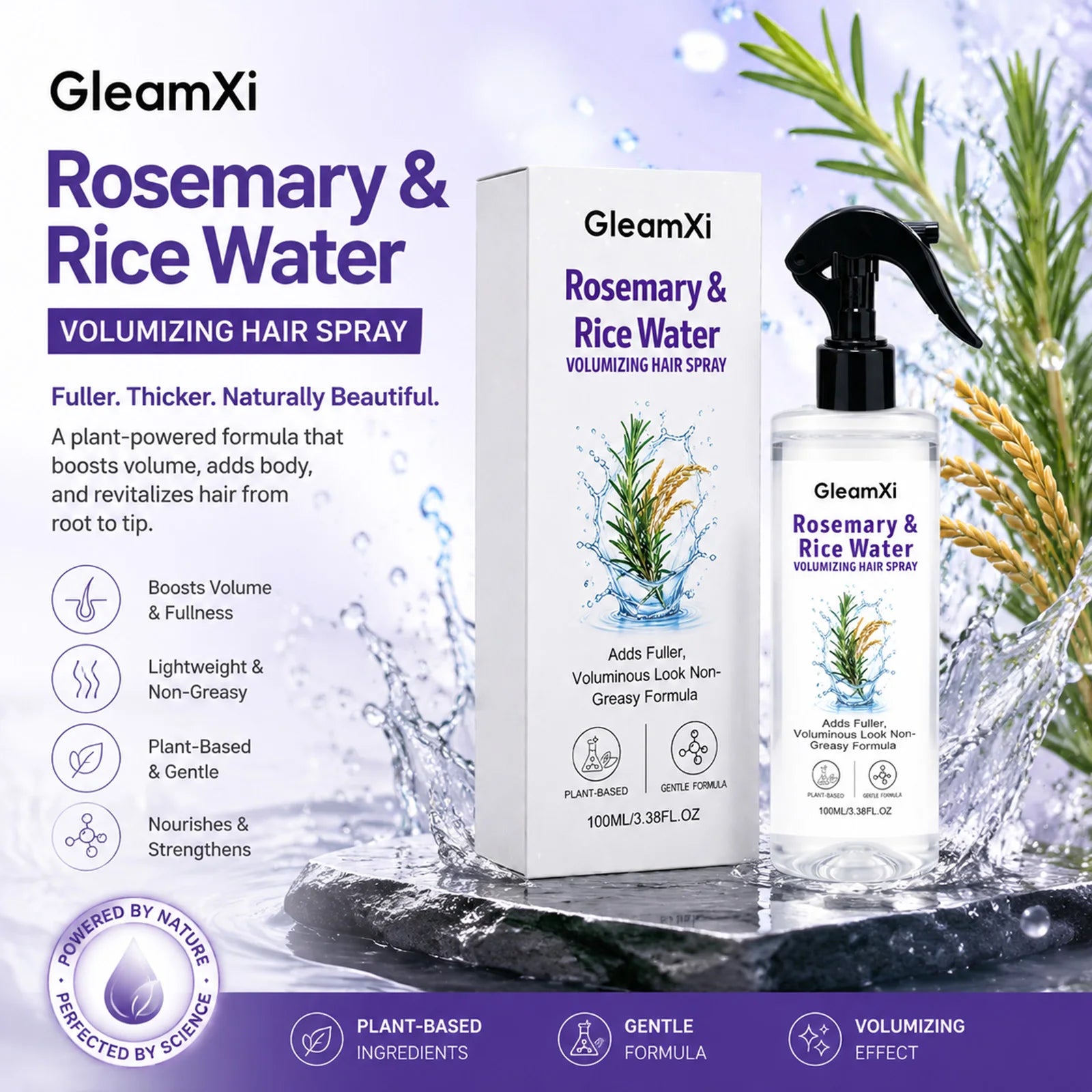 Rice Water Hair Volumizing Spray Rosemary Extract Fuller Look Mist Plant Based Non Greasy Fine Thin Hair Care