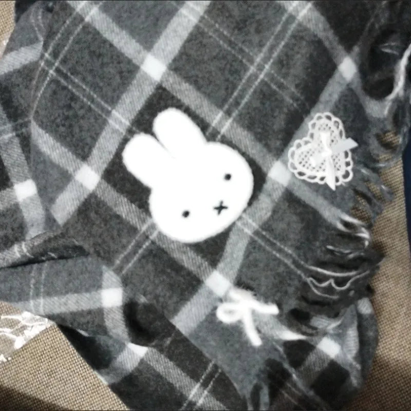 Miffy Black Checkered Scarf Autumn Winter Warm Versatile Cute Scarf for Women Girl Fashion Cotton Stoles Scarf Christmas Gifts