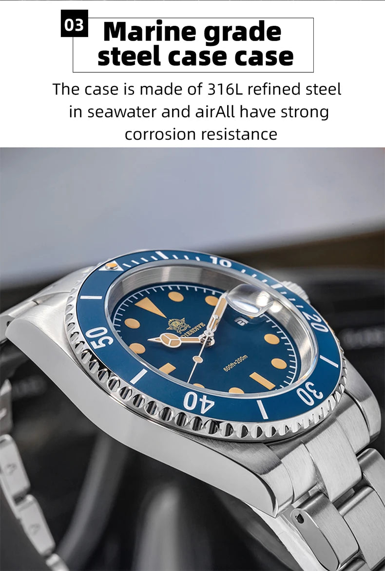 ADDIESDIVE 41mm Stainless Steel Watches Mens Business Leisure Quartz Watch Waterproof Ourdoor Sports 200M Dive WristWatch AD2054