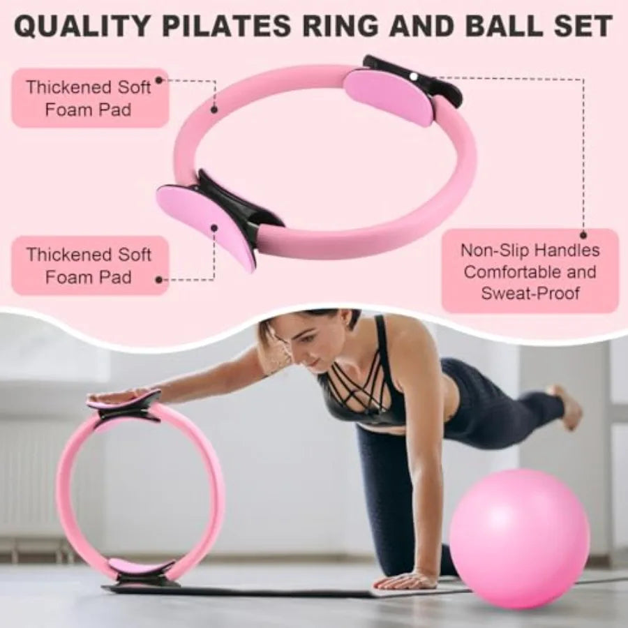 Home Pilates Kit 14 PCS Pilates Ring and Ball Set with Adjustable Ankle Wrist Weights and Resistance Bands for Women Workout Se