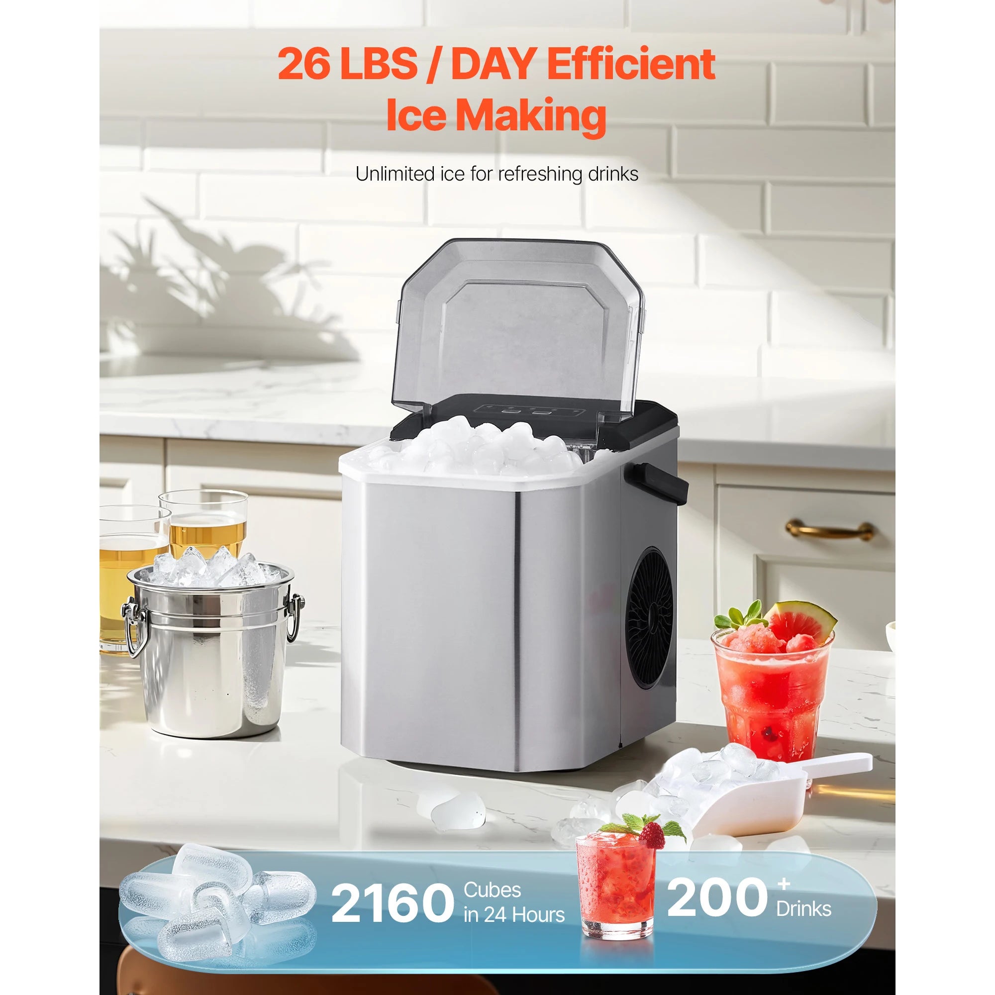 SucceBuy Countertop Ice Maker 9 Cubes Ready in 6 Mins 26lbs in 24Hrs Self-Cleaning Portable Ice Maker with Ice Scoop and Bask