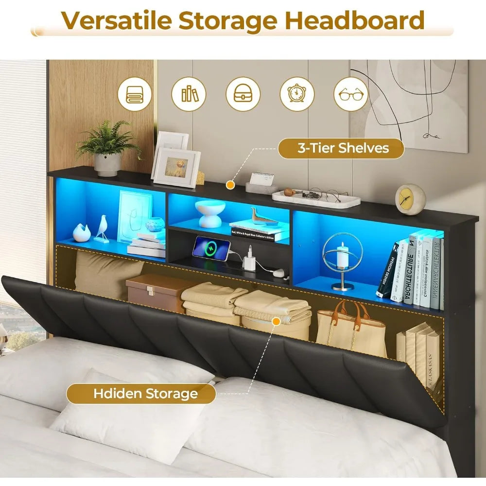 VIAGDO Queen Bed Frame with Bookcase Headboard, Wooden Bed Frame Queen Size with Charging Station, 4 Storage Drawers and LED Lig