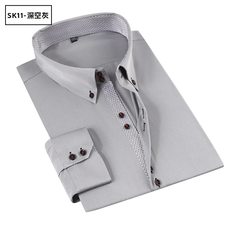 Men's Solid Color Patchwork Long Sleeve Shirt Business Casual Slim Fit Button Tops