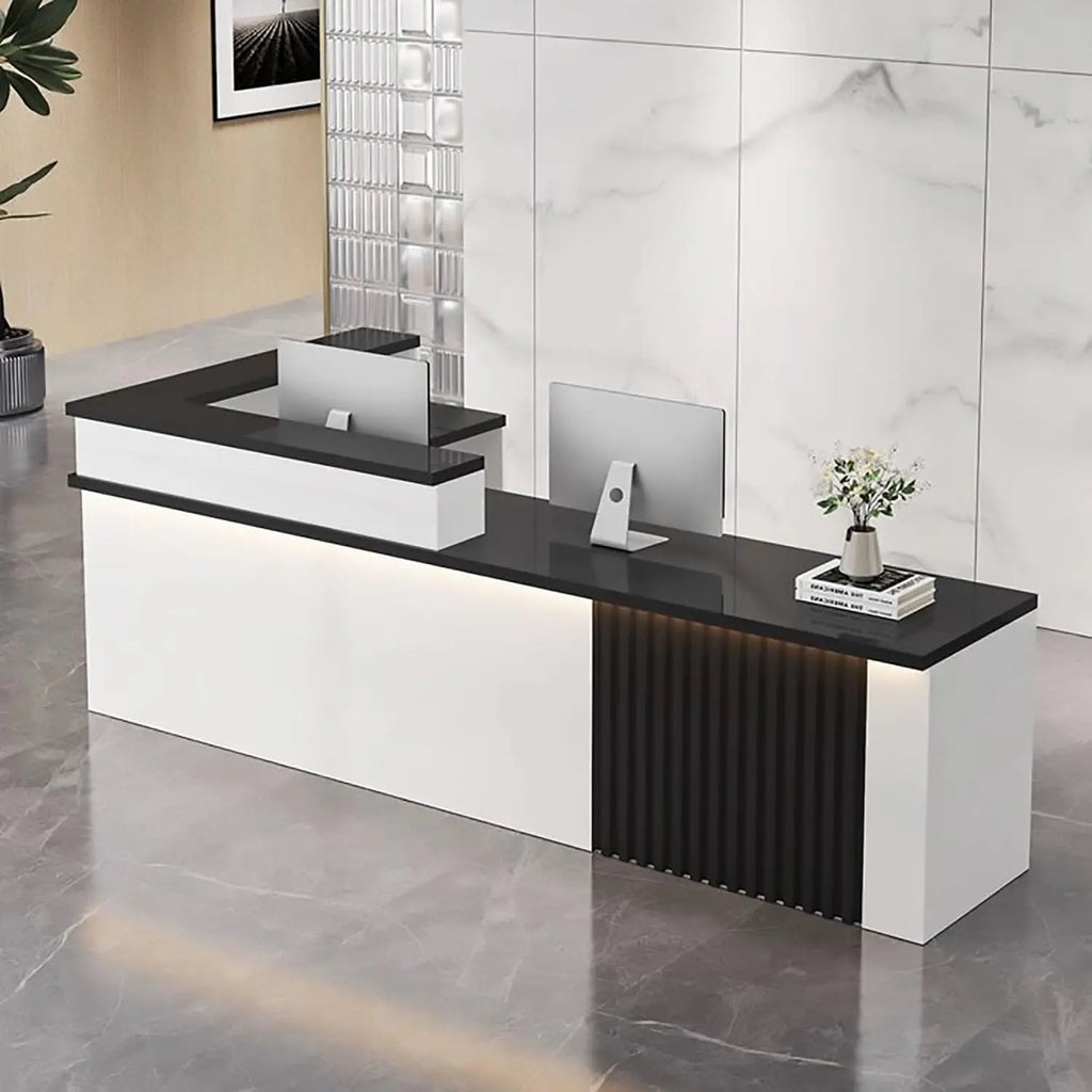 L-Shaped Reception Desk,Modern Reception Counter Retail Checkout Counter with LED Lighting & Lockable Drawers Door, Customized