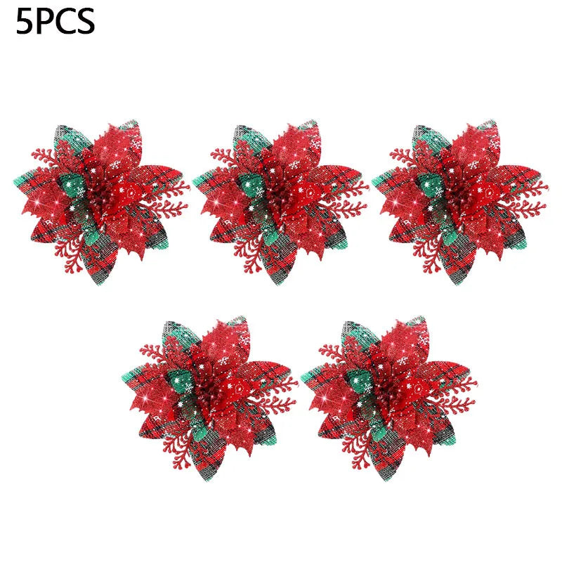 Glitter Artifical Christmas Flowers Mreey Christmas Tree Decoration Happy New Year Ornaments Xmas Fake Flowers Natal