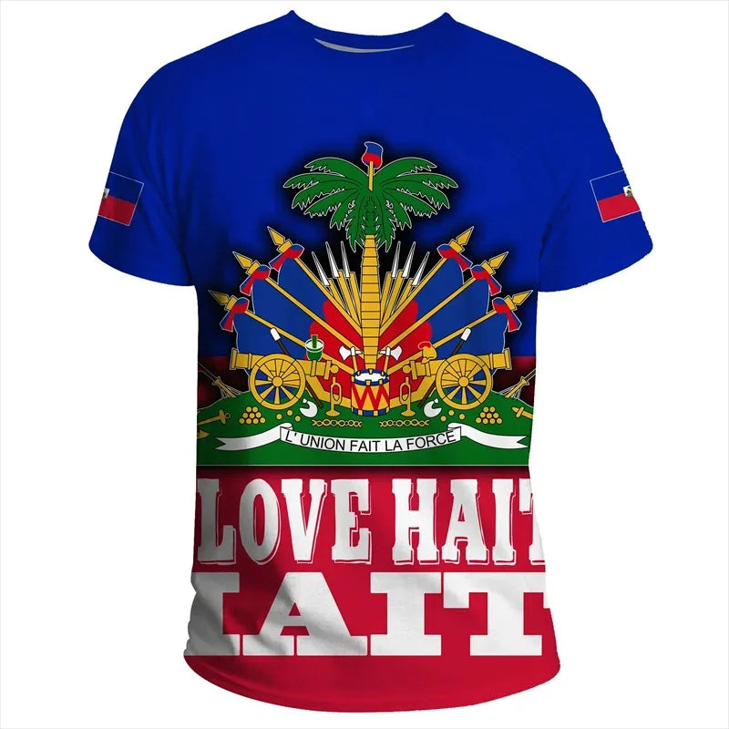 3D Printed Haiti Flag T-Shirt For Men National Emblem Pattern Short Sleeve Tees Casual Sports O-Neck T-Shirts Street Loose Tops