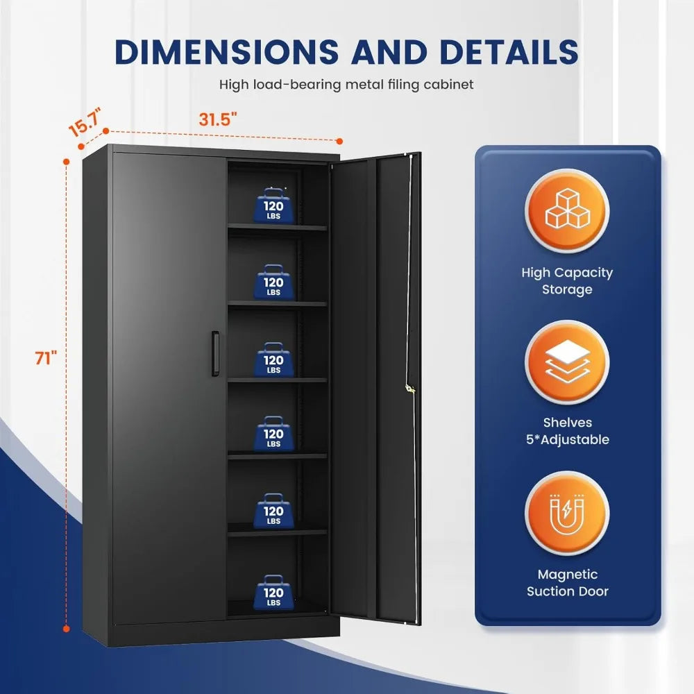 Yizosh Metal Garage Storage Cabinet with 2 Doors and 5 Adjustable Shelves - 71 Steel Lockable File Cabinet,Locking Tool Cabinets