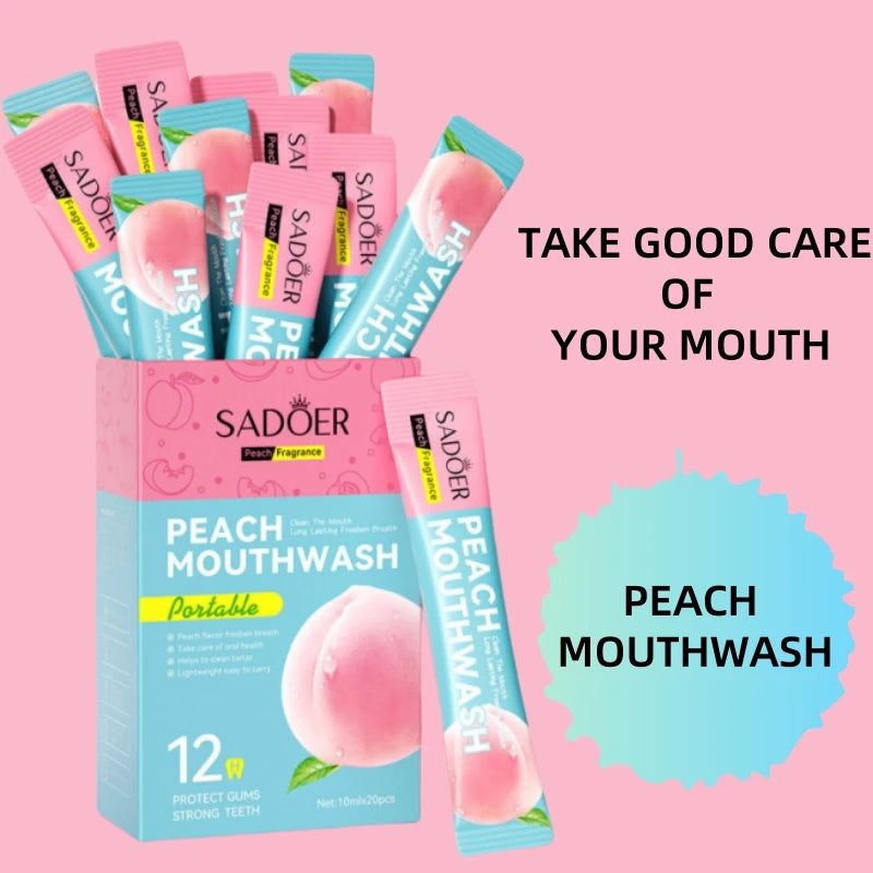 10ml*20 Pieces of Sadoer Peach Mouthwash Are Rich in Peach Extract, Menthol, and Have a Sweet Peach Scent, with a Unique and Pleasant Taste, Fresh Breath, No Dead Ends, Improve the Oral Environment, and Help You Easily Say Go